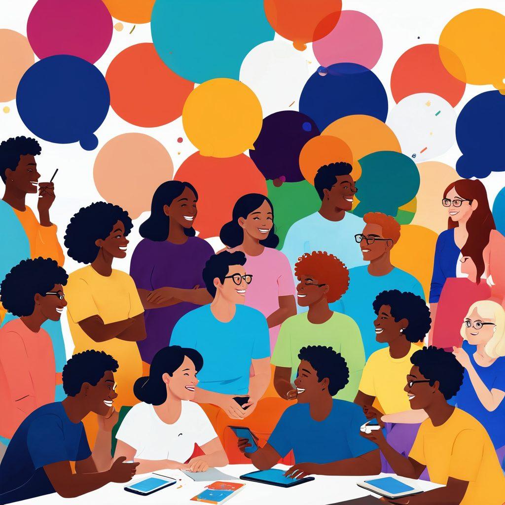 A vibrant scene depicting a diverse group of people gathered around a large digital screen, sharing ideas and laughing, surrounded by colorful thought bubbles filled with various hobbies and passions. The background features an abstract representation of a digital landscape to symbolize the blogosphere. Incorporate warm, inviting colors to create a sense of community and connection. super-realistic. vibrant colors. white background.