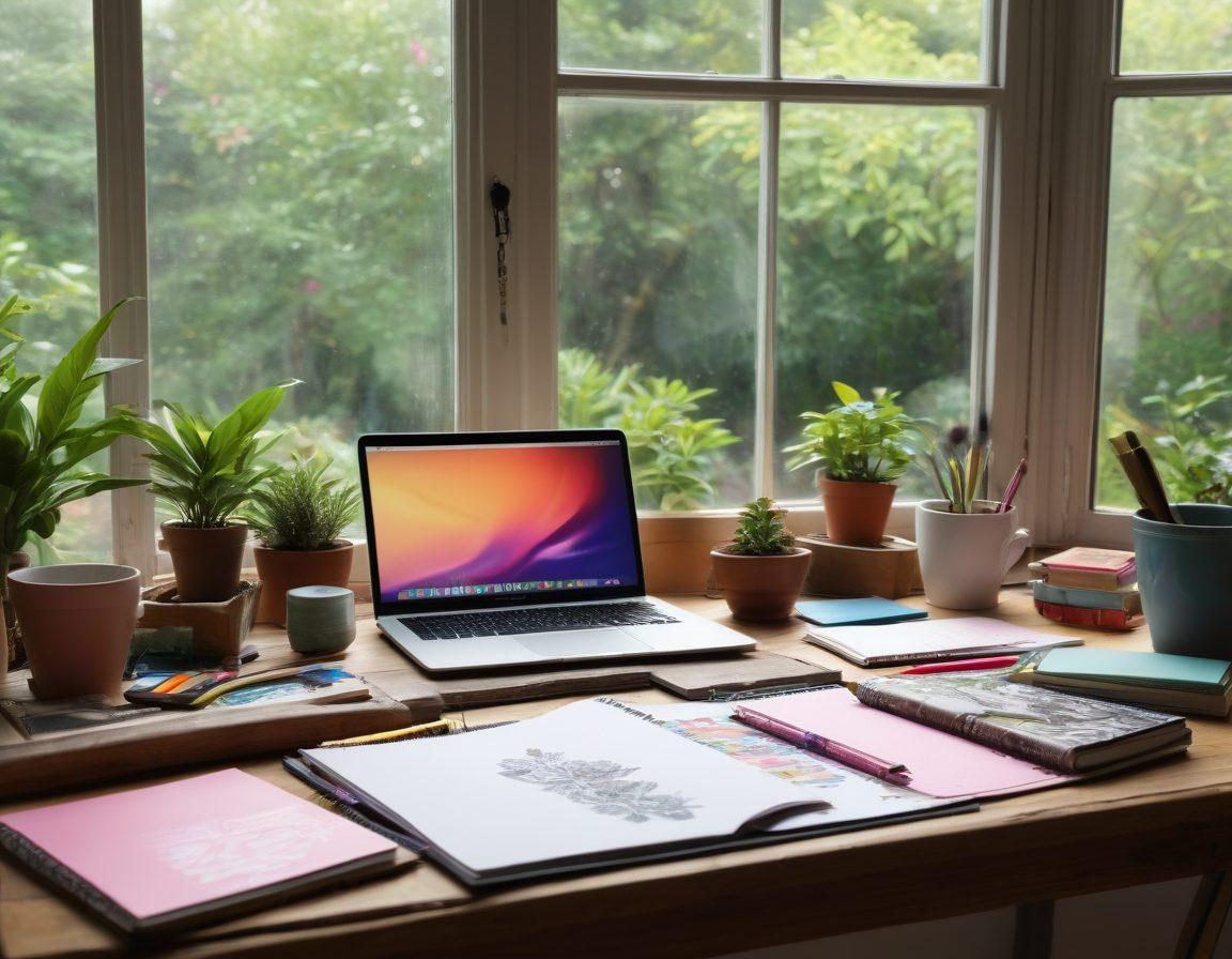 An inspiring workspace featuring a wooden desk cluttered with colorful notebooks, sketchpads, and a laptop displaying a vibrant blog interface. A large window in the background shows a sunny garden, symbolizing creativity and growth. Include elements like plants, art supplies, and a steaming cup of coffee to evoke a cozy atmosphere. Illustrate a sense of freedom and passion in the air. super-realistic. vibrant colors. natural lighting.