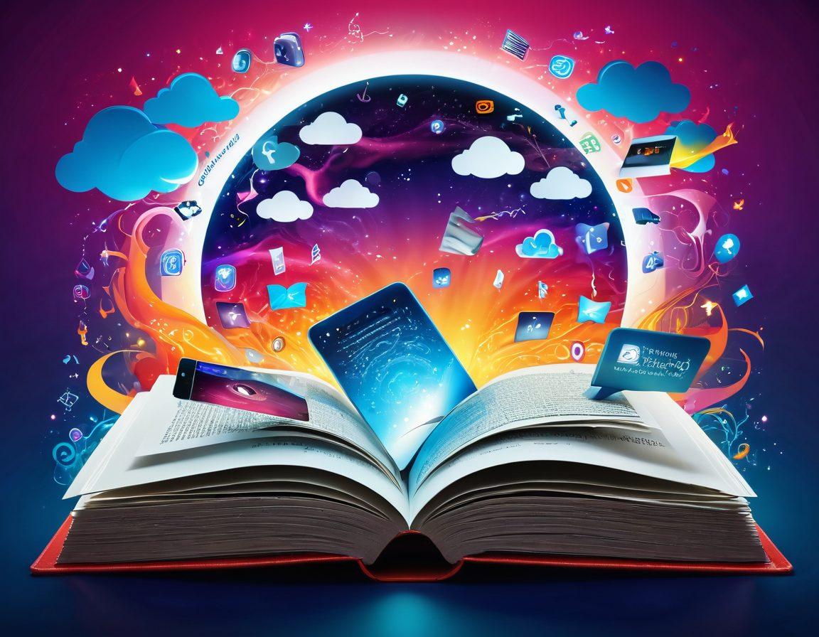 An enchanting open book with glowing pages that depict various digital devices like smartphones and tablets, surrounded by swirling vibrant streams of visual narratives and icons that represent storytelling elements like characters, dialogue bubbles, and magical landscapes. The background features a whimsical blend of technology and creativity, symbolizing the fusion of digital and storytelling. super-realistic. vibrant colors.